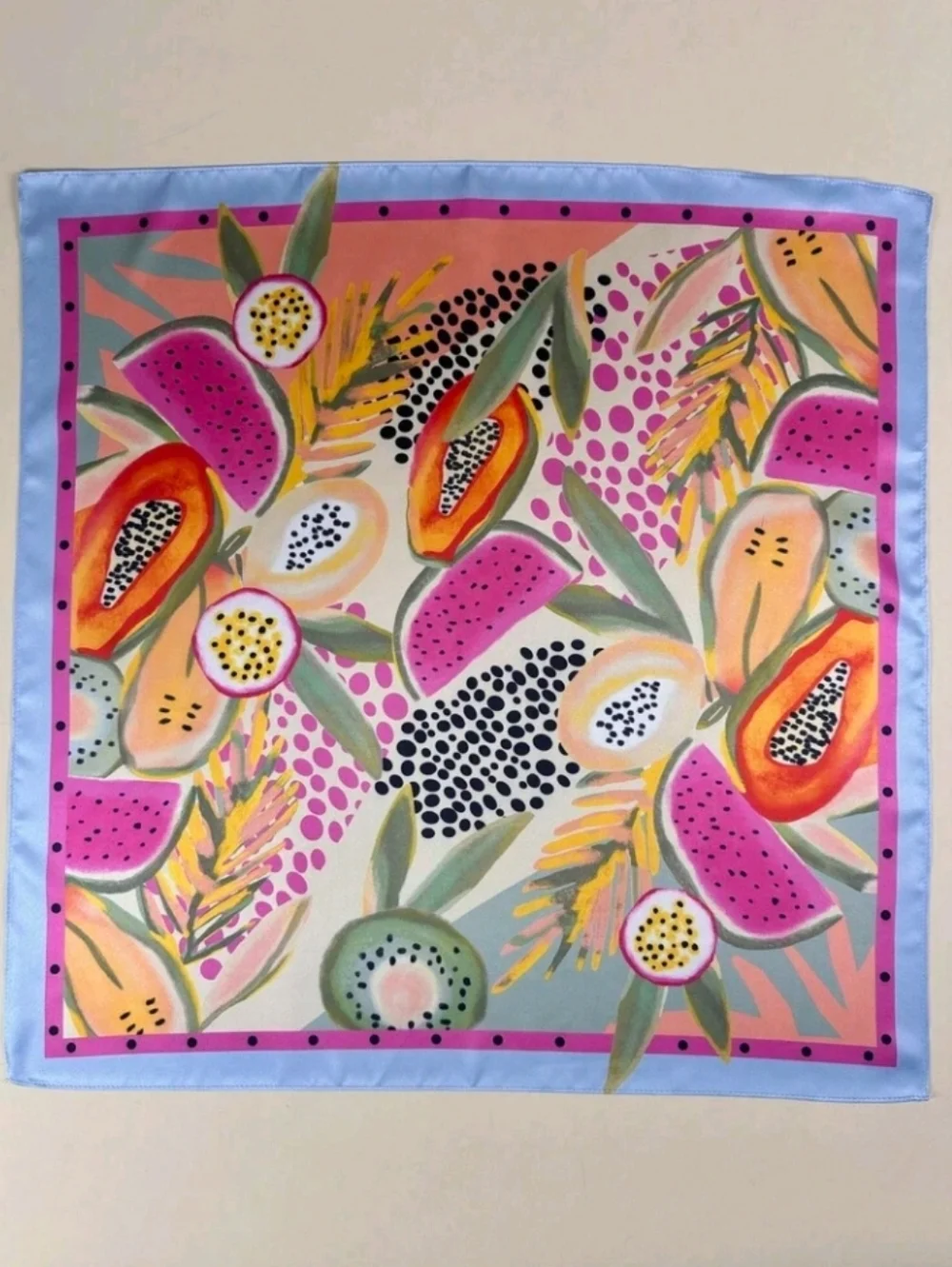 New Tropical Fruits Print Satin Scarf Colorful Pink Blue Green Summer Festival
